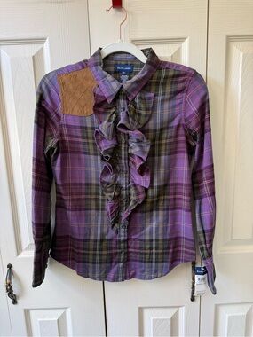 Ralph Lauren Purple Plaid Ruffle Button Down Shirt Girls Size 16